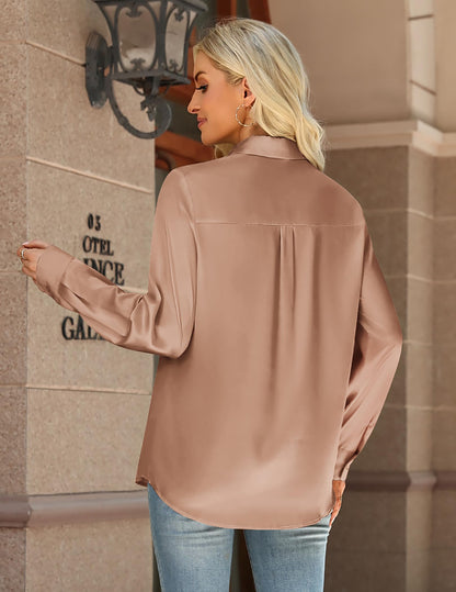 Zeagoo Womens Tops Satin Blouse Long Sleeve Shirts V Neck Dressy Casual | Button Down Business Outfits Fall Fashion With Pockets