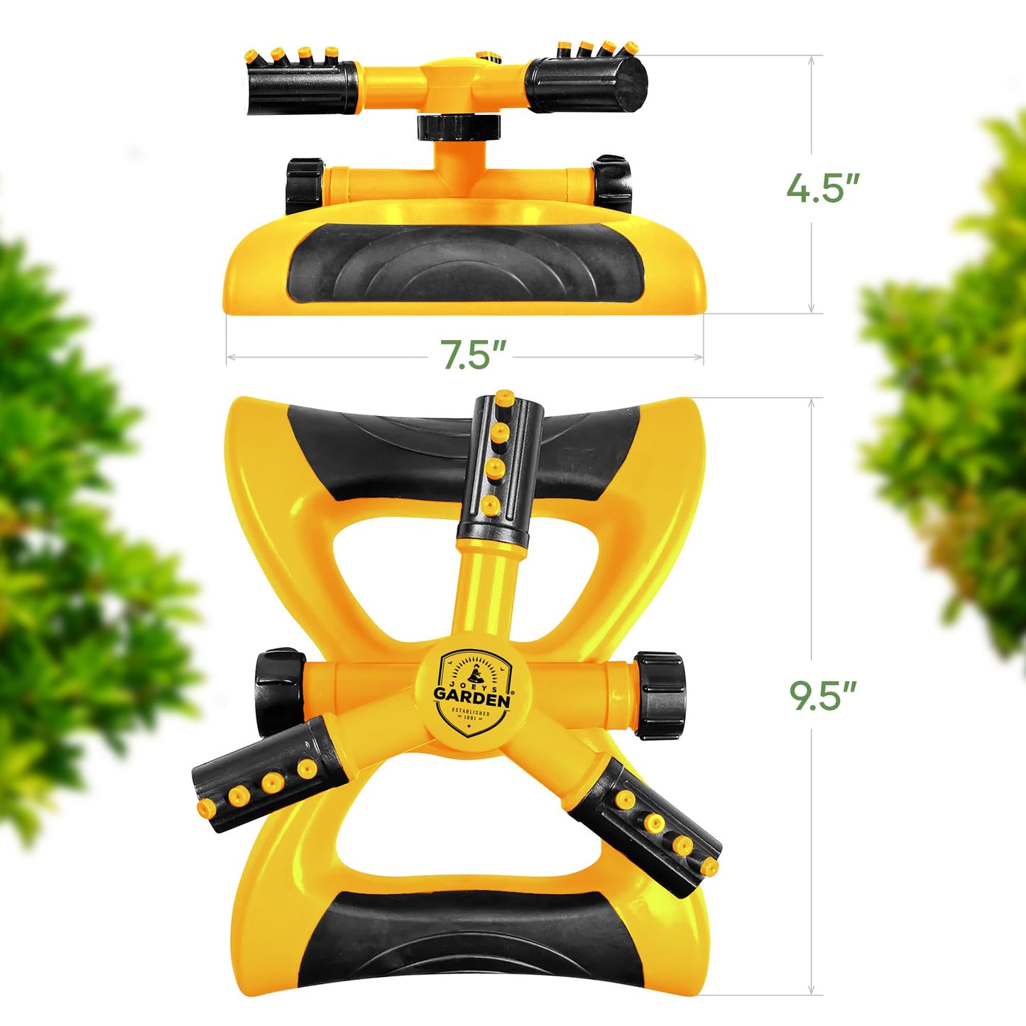 Joeys Sprinkler for Yard, Rotating Garden Sprinkler with 3 Adjustable Arms, Weighted Base, Expandable Connection, Lawn and Yard Sprinklers (Green)