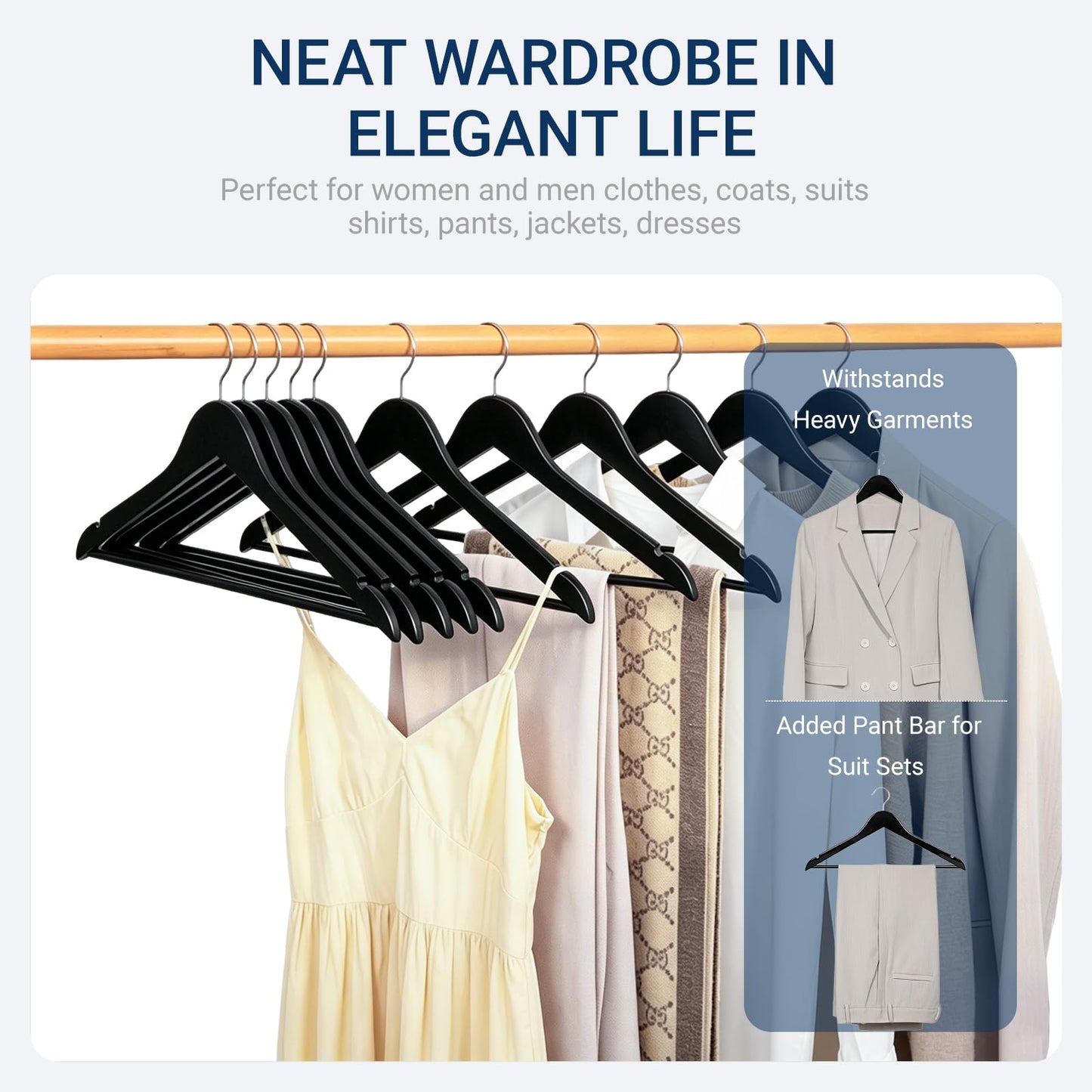 Amber Home 30 Pack Wooden Coat Hangers, Natural Wood Suit Hangers with Non-Slip Pant Bar, Clothes Hangers for Closet Organization, Shirts, Jackets, Dresses, and Pants (Natural, 30)