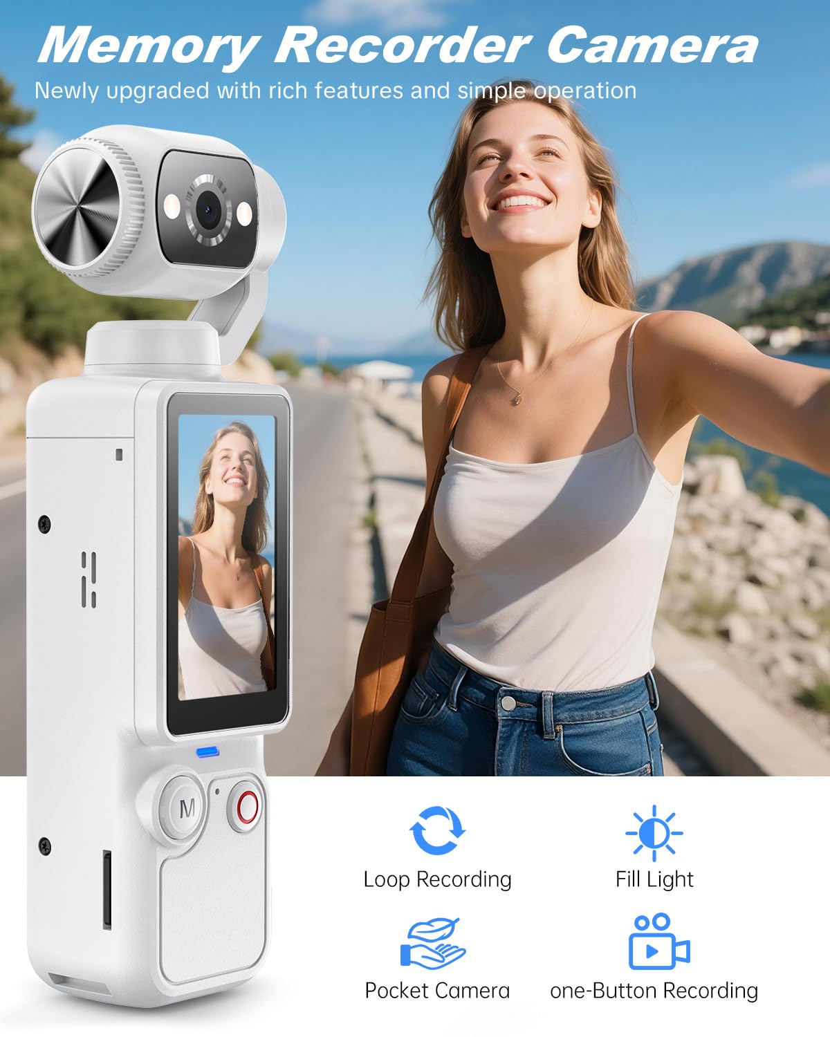 Vlogging Camera, Mini Camcorder, Portable Handheld Video Camera | Mini camcorder with 180° rotating lens, 7-hour battery, 32GB card, one-button recording for travel and daily moments
