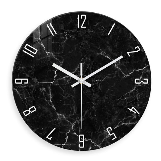 White Marble Glass Wall Clocks Battery Operated 12 Inch Abstract Decorative Analog Wall Clocks for Living Room Bedroom Office Silent Wall Clock Modern