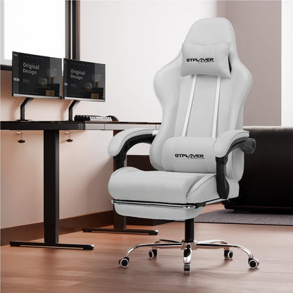 GTPLAYER Gaming Chair, Computer Chair with Footrest and Lumbar Support, Height Adjustable Game Chair with 360°-Swivel Seat and Headrest and for Office or Gaming (Pearl White)