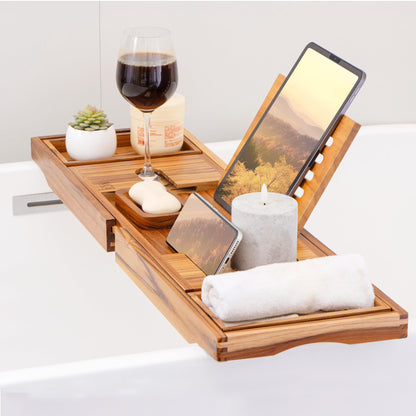 XcE Bamboo Bathtub Caddy Tray - Expandable to 41 Inches with Book Stand, Soap Holder & Anti-Slip Pads for Luxury Bath Spa, Brown
