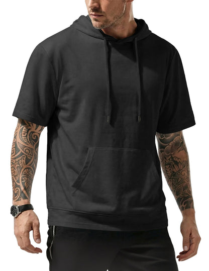 JMIERR Mens Short Sleeve Hoodie Cotton Hooded T-shirts Lightweight Solid Tops with Pocket