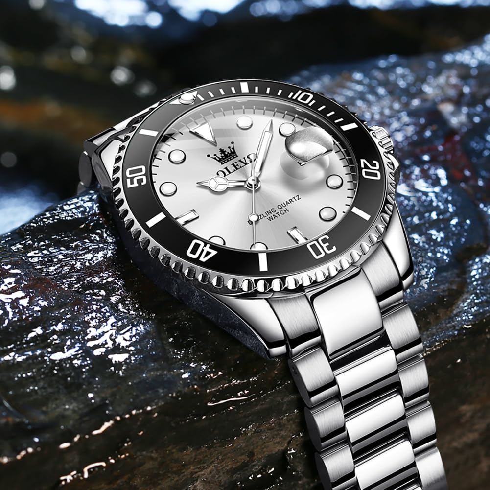 OLEVS Luxury Watches for Men Big Face Stainless Steel Business Dress Analog Quartz Watch with Day Waterproof Luminous Mens Wrist Watch