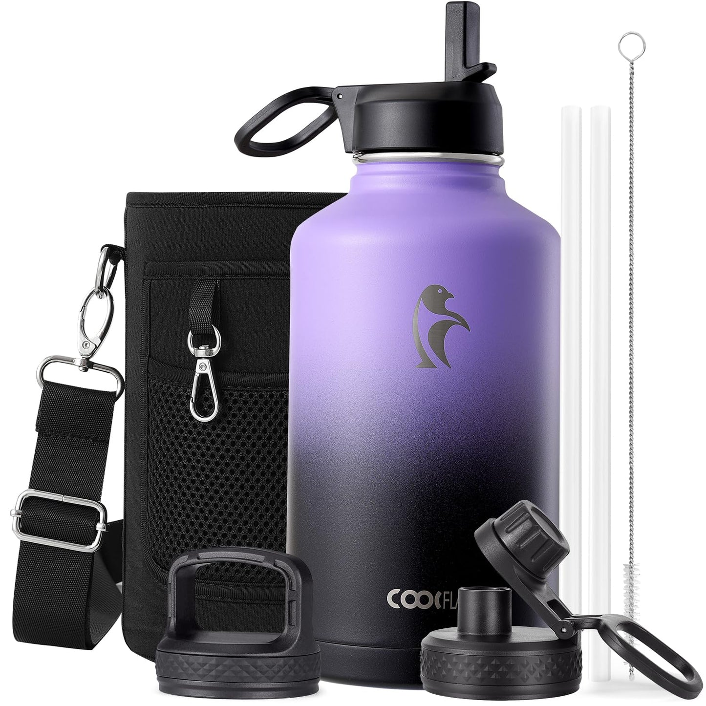 Half Gallon Water Bottle Insulated with Straw & 3 Lids, Coolflask 64 oz Water Jug Large Metal Stainless Steel Wide Mouth for Sports, Gym or Office, Non-BPA Keep Cold 48H Hot 24H, Samurai Cyan