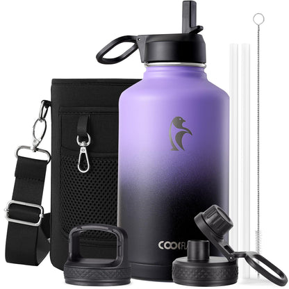 Half Gallon Water Bottle Insulated with Straw & 3 Lids, Coolflask 64 oz Water Jug Large Metal Stainless Steel Wide Mouth for Sports, Gym or Office, Non-BPA Keep Cold 48H Hot 24H, Samurai Cyan