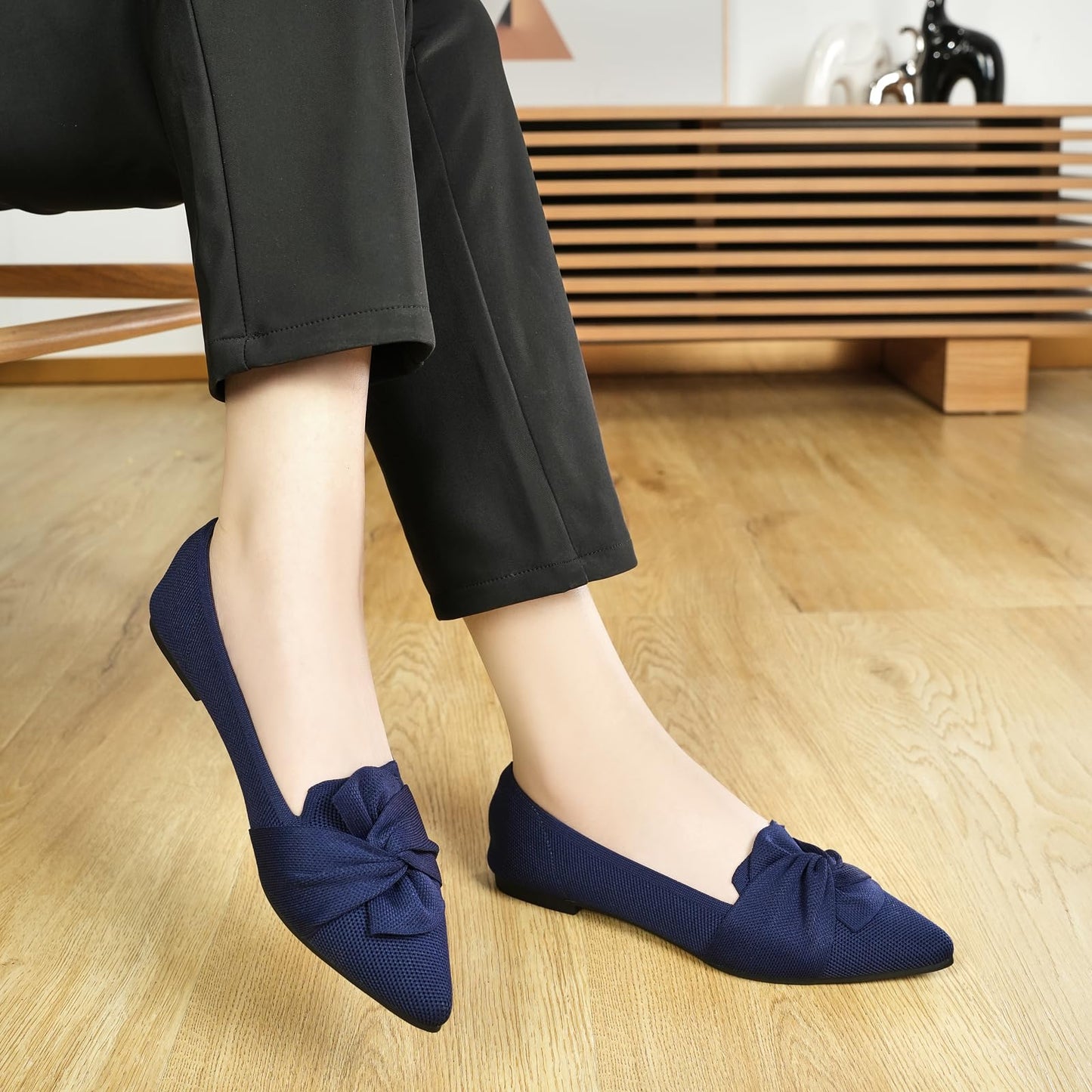 HIULYCENCE Flats for Womens Pointed Toe Ballet Flats with Bow Comfortable Knit Dressy Flats