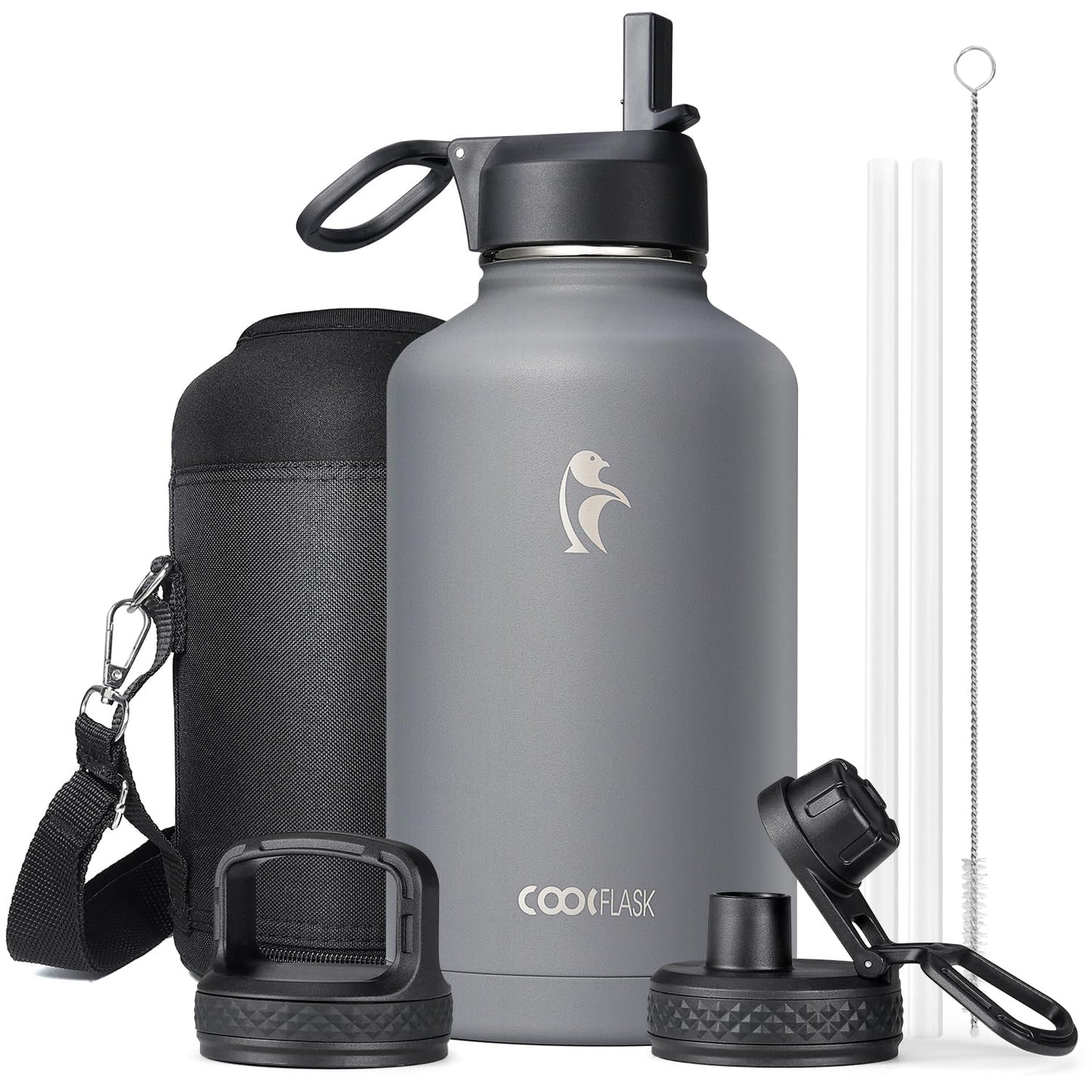 Half Gallon Water Bottle Insulated with Straw & 3 Lids, Coolflask 64 oz Water Jug Large Metal Stainless Steel Wide Mouth for Sports, Gym or Office, Non-BPA Keep Cold 48H Hot 24H, Samurai Cyan