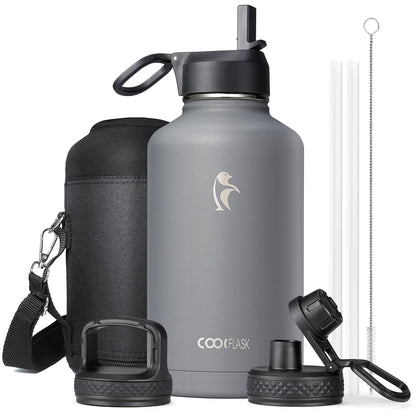 Half Gallon Water Bottle Insulated with Straw & 3 Lids, Coolflask 64 oz Water Jug Large Metal Stainless Steel Wide Mouth for Sports, Gym or Office, Non-BPA Keep Cold 48H Hot 24H, Samurai Cyan