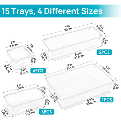 Vtopmart 25 PCS Clear Plastic Drawer Organizers Set, 4-Size Versatile Bathroom and Vanity Drawer Organizer Trays, Storage Bins for Makeup, Bedroom, Kitchen Gadgets Utensils and Office