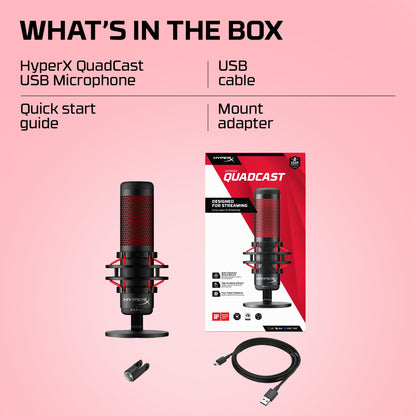 HyperX QuadCast 2 – USB Microphone for Gaming, Streaming and Podcasting, with On-Board Controls, LED Lighting, Removable Shock Mount, PC, Mac, PS5, PS4, USB-C - Black