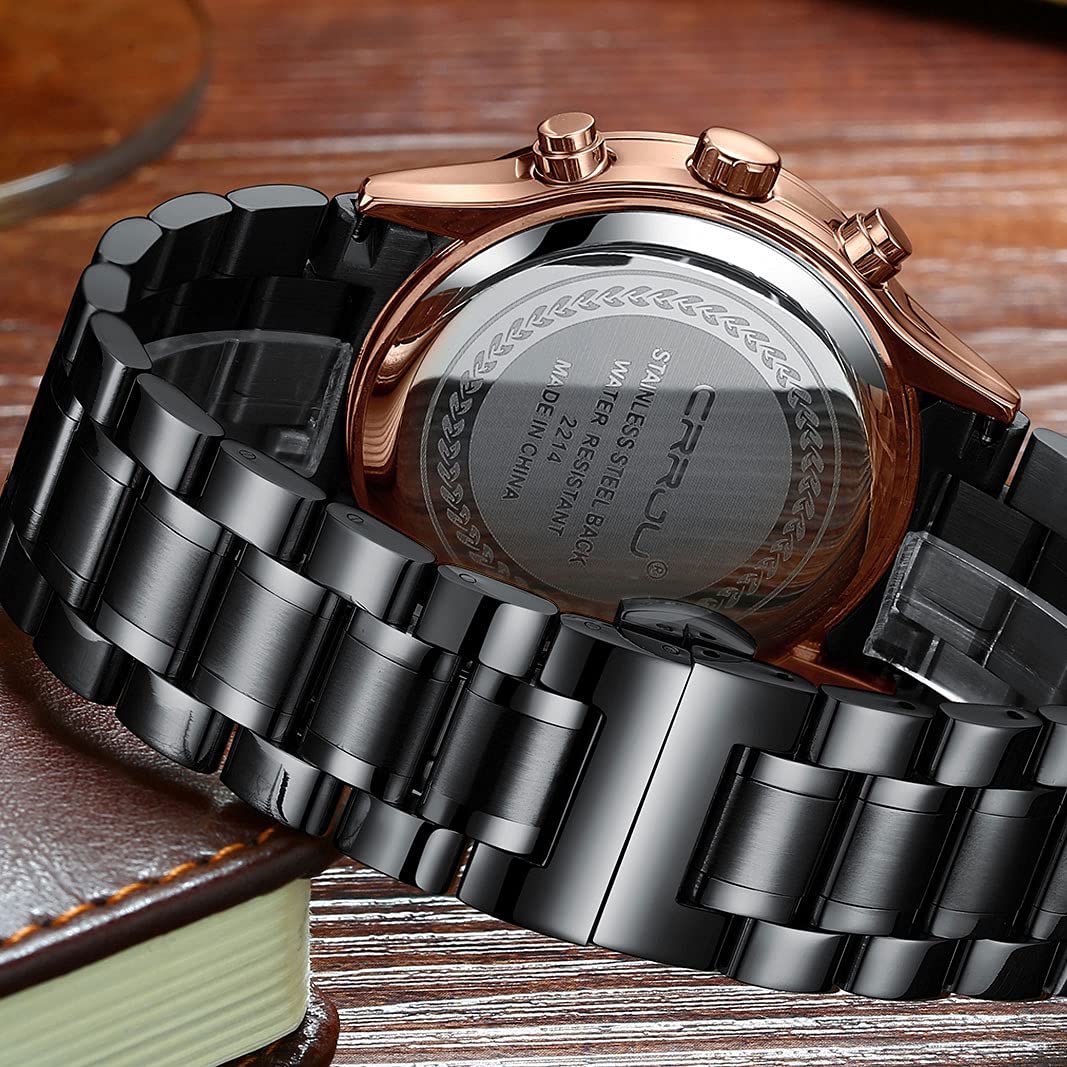 CRRJU Men's Fashion Stainless Steel Watches Date Waterproof Chronograph Wristwatches,Black Steel Band Waterproof Quartz Watch for Men