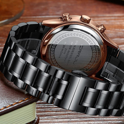 CRRJU Men's Fashion Stainless Steel Watches Date Waterproof Chronograph Wristwatches,Black Steel Band Waterproof Quartz Watch for Men