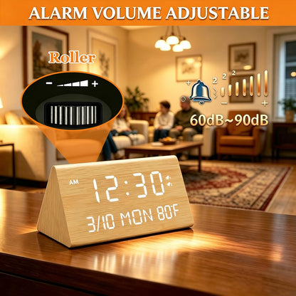 Kogonee Wooden Digital Alarm Clock, 0-100% Dimmer, 2 Alarm Settings, Weekday/Everyday Mode, 9 Mins Snooze, 12/24H, Temperature and Date Display for Office, Travel, Bedroom Alarm Clock (Brown)