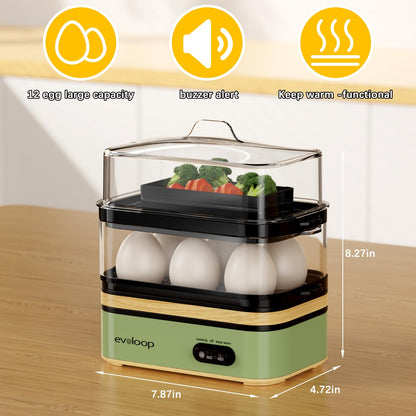 Evoloop Rapid Egg Cooker Electric 12 Eggs Capacity, Soft, Medium, Hard Boiled, Poached, Omelet Maker Egg Poacher & Vegetable Steamer, BPA Free Tray