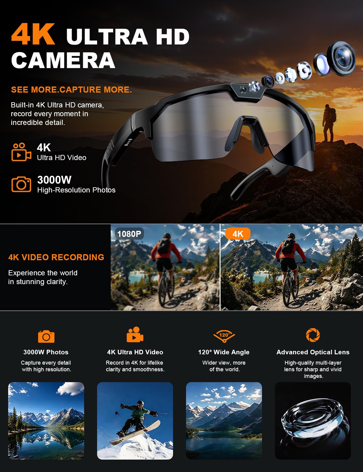 AI Smart Glasses with 30MP Camera, 4K HD Video Recording and Bluetooth Sport Glasses with ChatGPT Voice Real-Time Translation,IP66 UV400 Sunglasses for Baseball, Cycling & Hiking Black