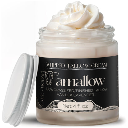 Amallow 100% Grass Fed Beef Tallow for Skin Care - Face + Body - Whipped Moisturizer for Sensitive Skin - Natural Lotion, 4 FL. oz. (Unscented + Jojoba Oil)