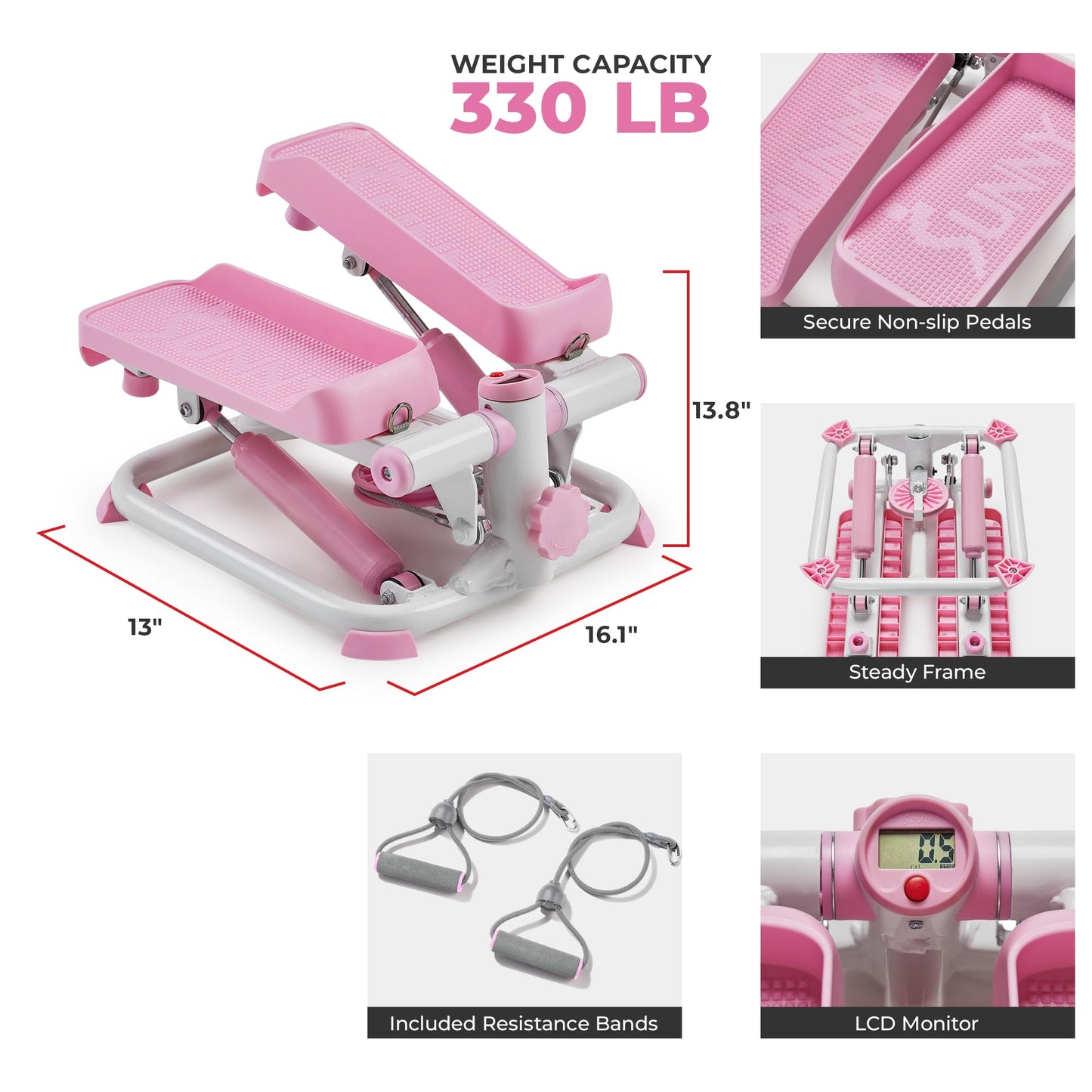 Sunny Health & Fitness Mini Steppers for Exercise at Home, Stair Step Workout Machine with Resistance Bands, Full Body Cardio Equipment, Optional Free SunnyFit App Connection Smart Stepper