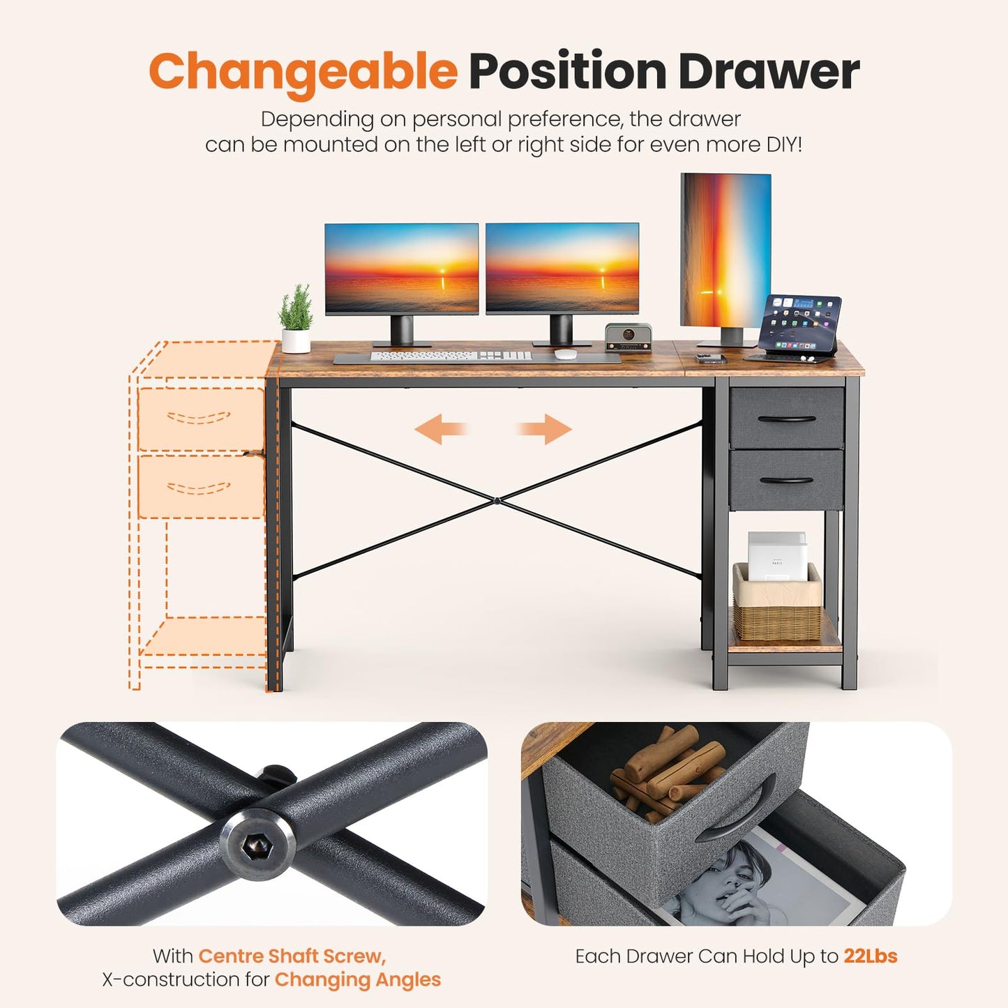 Sweetcrispy 47 Inch Computer Desk with Drawers for Home Office Writing Desk X Shaped Reinforcement Wood Surface Adjustable Position Modern Study Work Side Hook Metal Frame Storage Station Rust