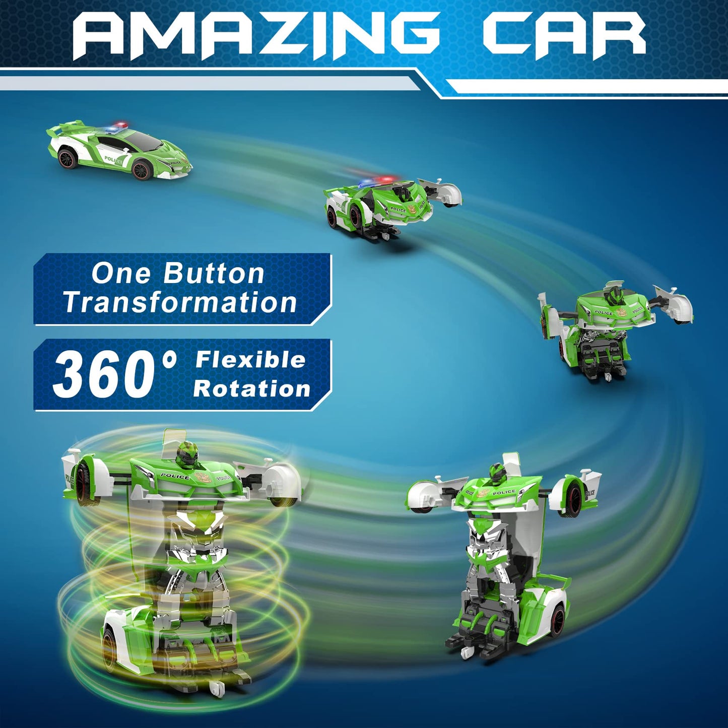 FDJ Remote Control Car - Transform Toys Car Robot, One Button Deformation to Robot with Flashing Light, 2.4Ghz 1:18 Scale Transforming Police Car Kids Toys with 360 Degree Rotating, Girls Boys Toys