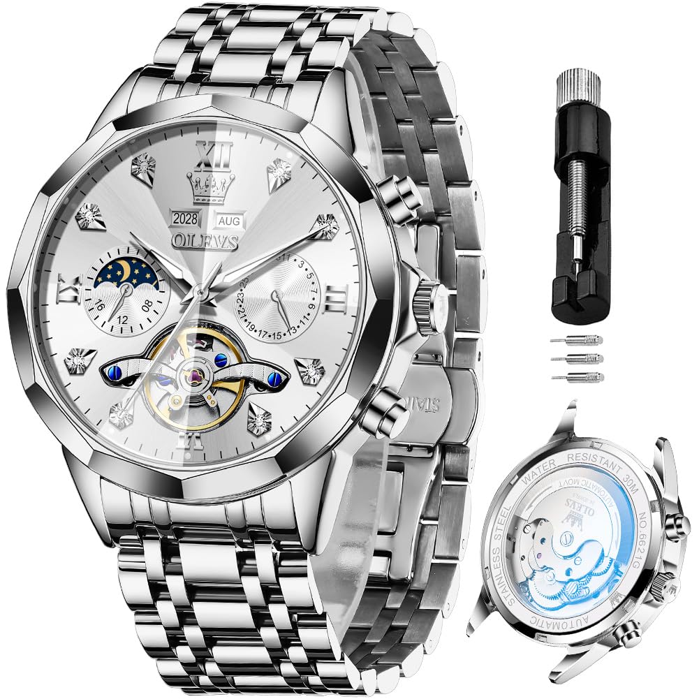 OLEVS Skeleton Men Watches Automatic Business Luxury Diamond Self Winding Watch for Men Stainless Steel Calendar Wrist Watch