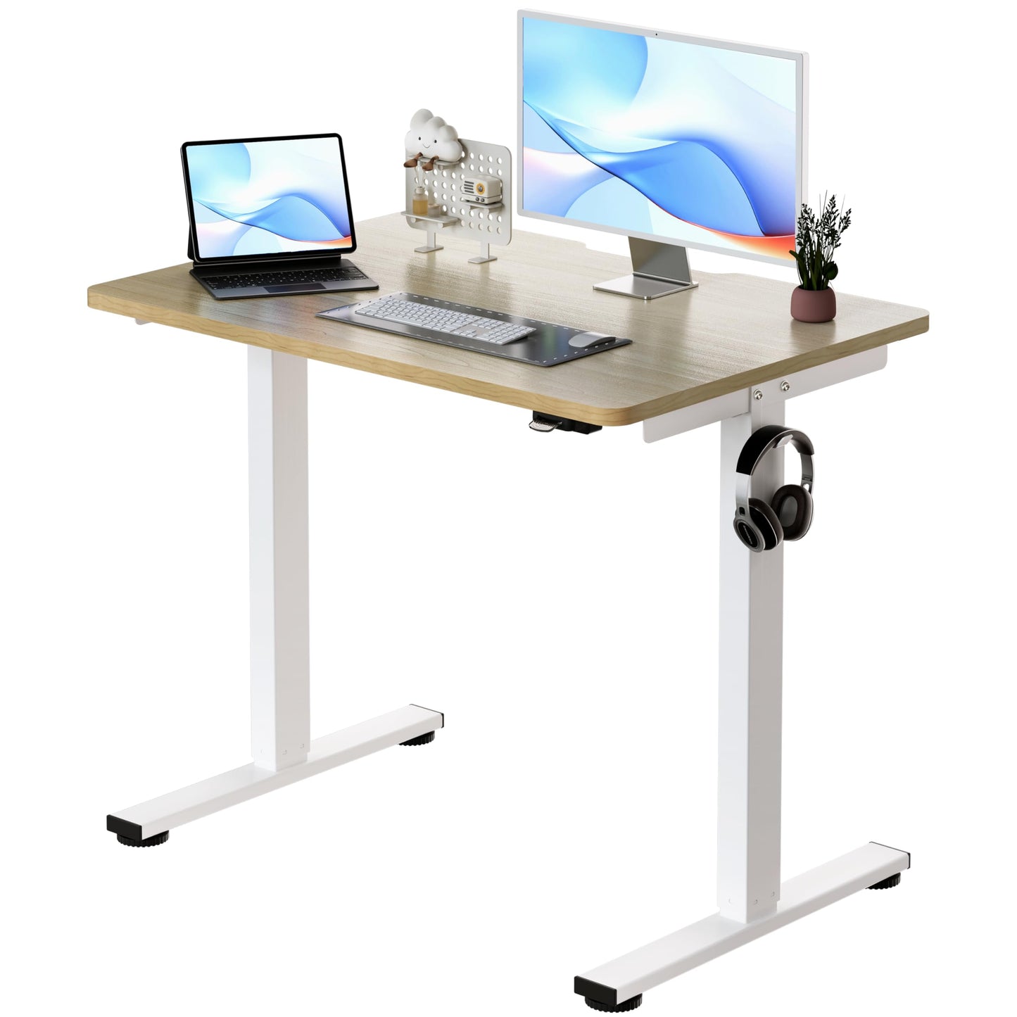 Okin Small Electric Standing Desk, 36" x 24" Whole Piece Height Adjustable Desk, Oak Sit to Stand Computer Workstation with Wheels for Home Office