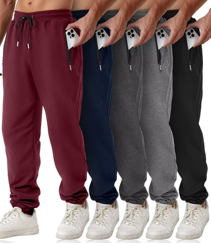 Mens Sweatpants with Zipper Pockets 5 Pack Athletic Joggers for Men Warm Slim Fit Track Workout Running Sweat Pants