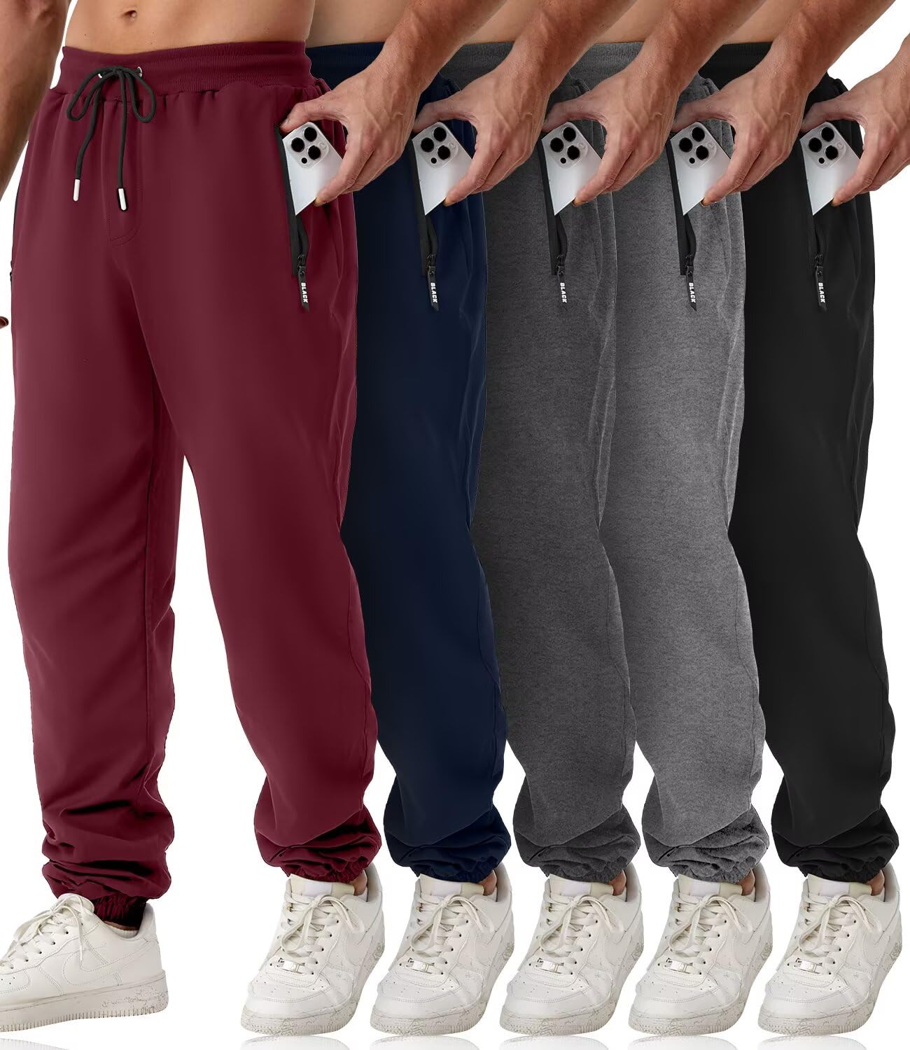 Mens Sweatpants with Zipper Pockets 5 Pack Athletic Joggers for Men Warm Slim Fit Track Workout Running Sweat Pants