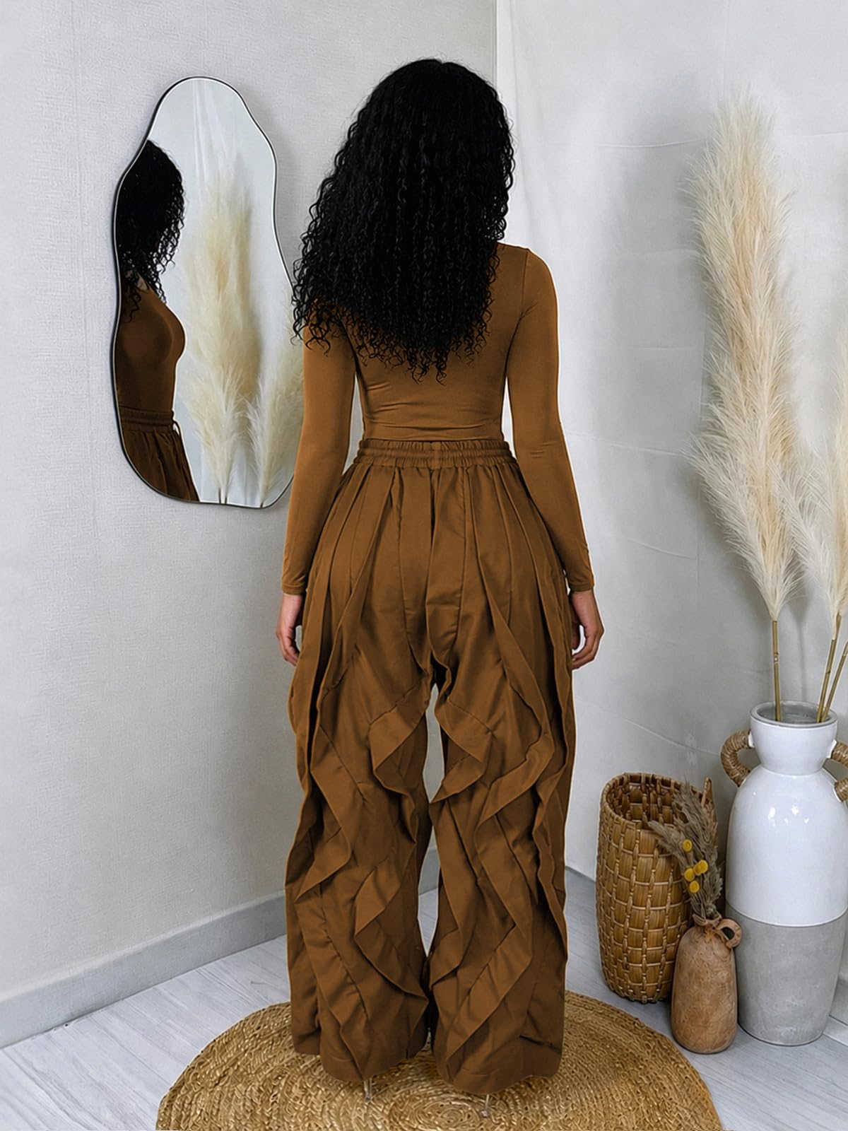 knowfashionstyle Women 2 Piece Outfits Cargo Parachute Pants Set Long Sleeve Top Baggy Y2K Balloon Pant Going Out Night Club