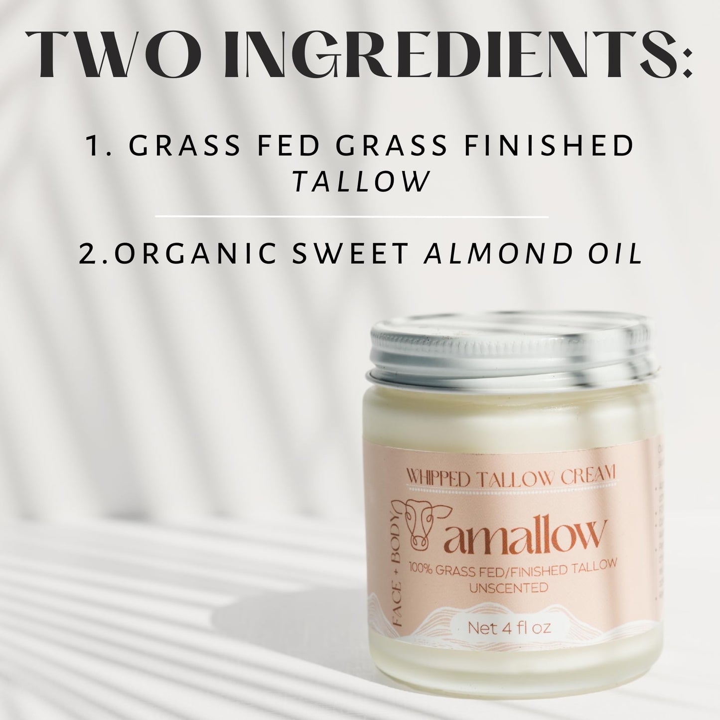 Amallow 100% Grass Fed Beef Tallow for Skin Care - Face + Body - Whipped Moisturizer for Sensitive Skin - Natural Lotion, 4 FL. oz. (Unscented + Jojoba Oil)