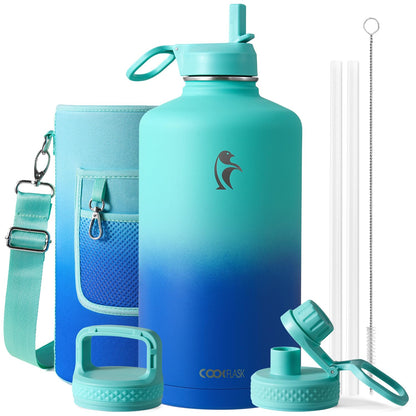 Half Gallon Water Bottle Insulated with Straw & 3 Lids, Coolflask 64 oz Water Jug Large Metal Stainless Steel Wide Mouth for Sports, Gym or Office, Non-BPA Keep Cold 48H Hot 24H, Samurai Cyan