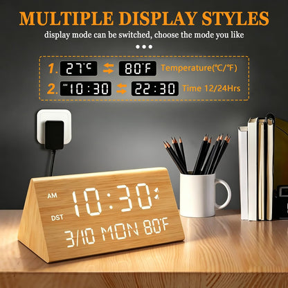 Kogonee Wooden Digital Alarm Clock, 0-100% Dimmer, 2 Alarm Settings, Weekday/Everyday Mode, 9 Mins Snooze, 12/24H, Temperature and Date Display for Office, Travel, Bedroom Alarm Clock (Brown)