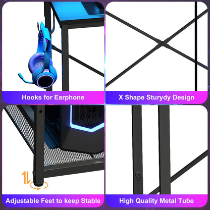 X-cosrack 33.5" Small Gaming Desk with LED Lights & Power Outlets, Compact Computer Desk with Monitor Stand & CPU Stand, Gamer Table with Storage Drawer, Side Hooks for Home Office, Bedroom, Black