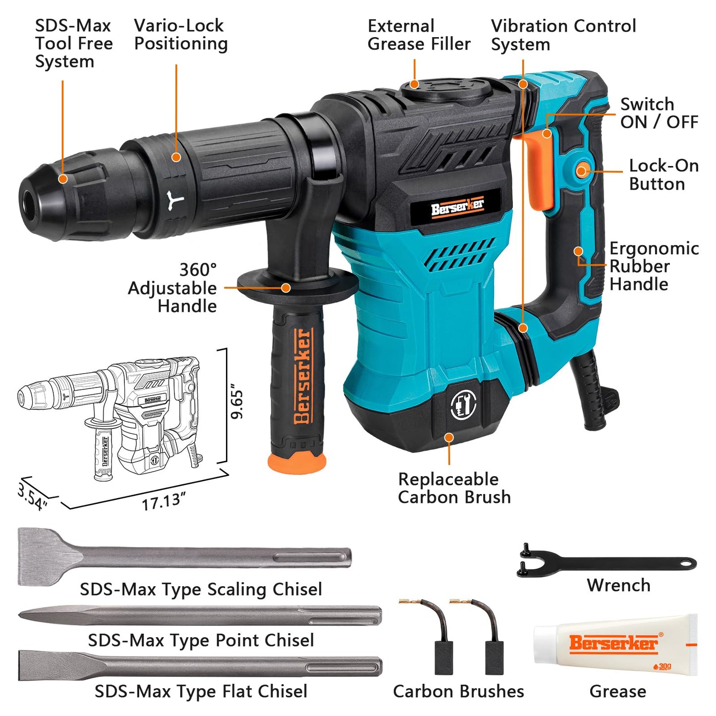 Berserker 1300W 12-Pound SDS-Max Demolition Jack Hammer 45HM,11-Amp Corded | Small Lightweight Electric Concrete Breaker for Tile Removal with Vibration Control,Trigger Lock,Carrying Case & 2 Chisels