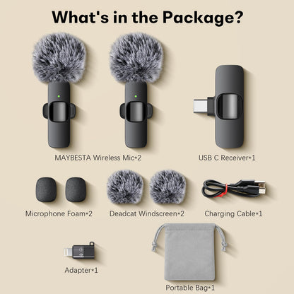 MAYBESTA Wireless Mini Microphone for iPhone, Android Phone - 2 Pack Lavalier Lapel Mic for Audio Video Recording - Clip on Content Creator Microphones for YouTube Tiktok Podcast Vlogging
