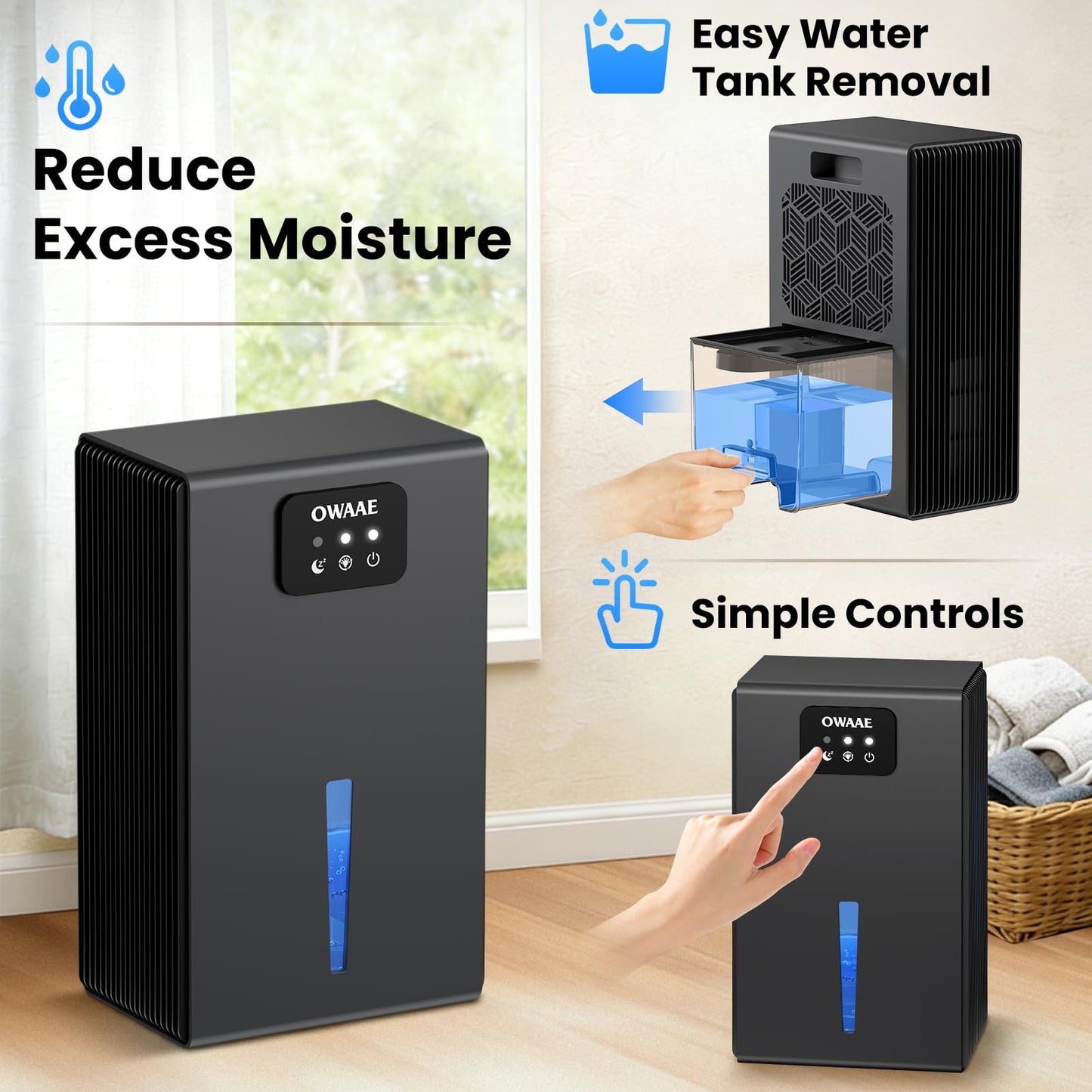 Dehumidifier, 1000 sq.ft Quiet Dehumidifiers for Home Bedroom Basement Bathroom with 95oz Water Tank, Sleep Mode Auto Shut-Off 7 Colors LED Light, Black