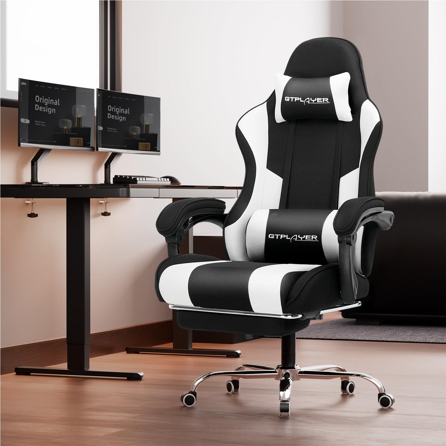 GTPLAYER Gaming Chair, Computer Chair with Footrest and Lumbar Support, Height Adjustable Game Chair with 360°-Swivel Seat and Headrest and for Office or Gaming (Pearl White)