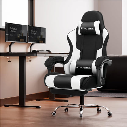 GTPLAYER Gaming Chair, Computer Chair with Footrest and Lumbar Support, Height Adjustable Game Chair with 360°-Swivel Seat and Headrest and for Office or Gaming (Pearl White)