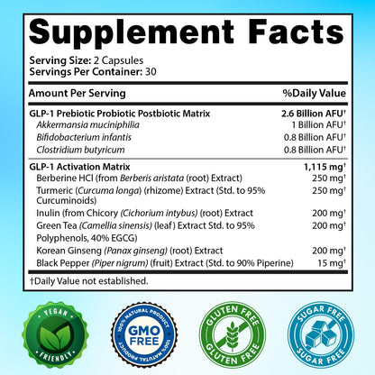GLP-1 XLR8 Supplement for Weight Loss, Digestion, Constipation, Bloating Relief with Akkermansia 2.6 Billion AFU Live Prebiotic Probiotic Postbiotic + Berberine for Women Men 60 Capsules