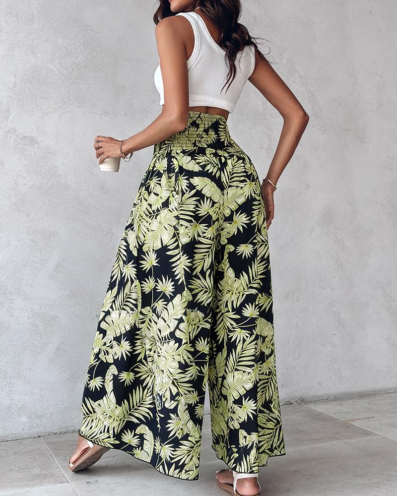 CHICME Boho Floral Shirred High Waisted Wide Leg Pants Flowy Palazzo Pants Summer Beach Vacation Wear