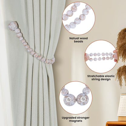 KLOGTSIND Magnetic Curtain Tiebacks, Curtain Holdbacks for Curtains 2 Pack, Wood Bead Curtain Holders for Boho Bedroom Decor, Baby Nursery Decor, Farmhouse Decor