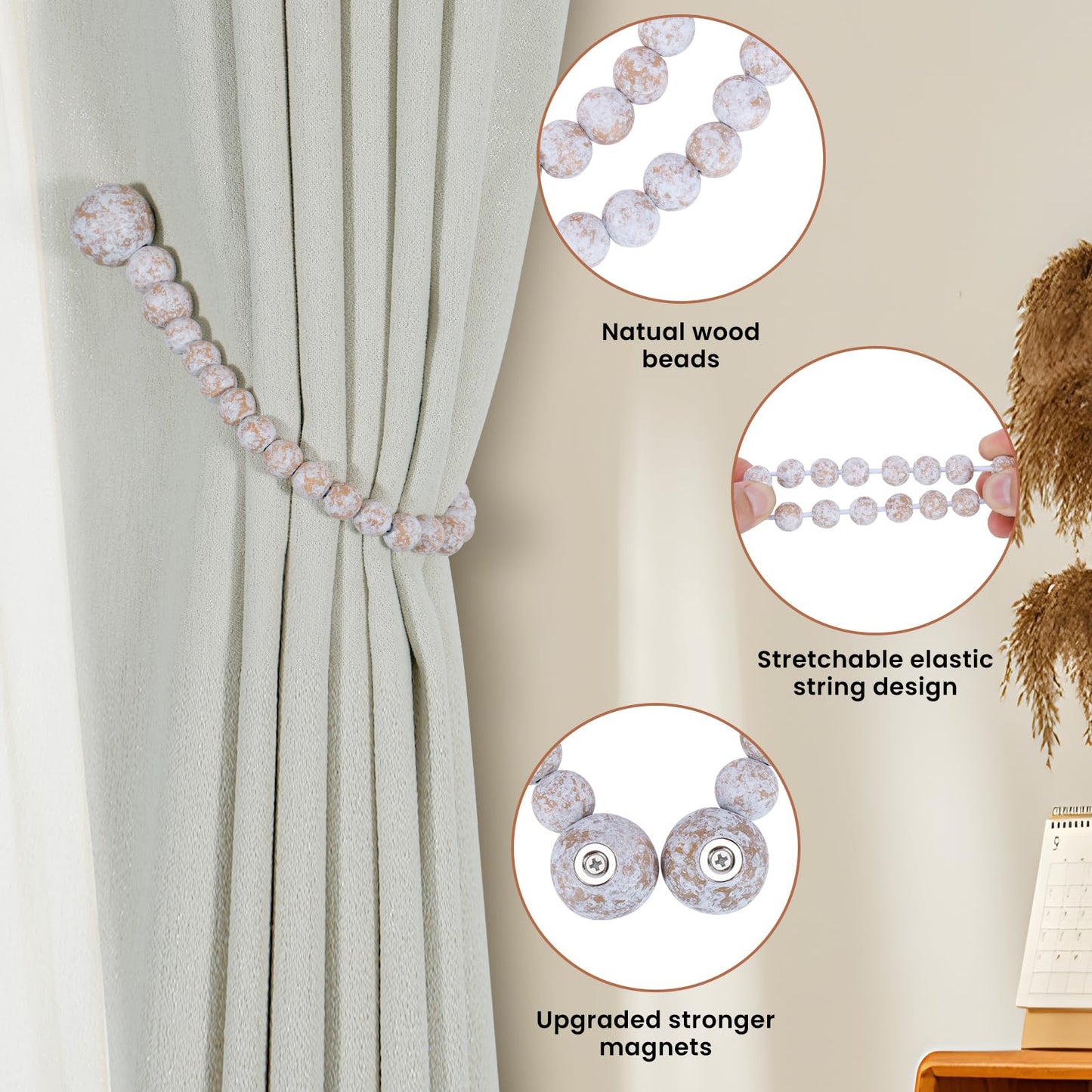 KLOGTSIND Magnetic Curtain Tiebacks, Curtain Holdbacks for Curtains 2 Pack, Wood Bead Curtain Holders for Boho Bedroom Decor, Baby Nursery Decor, Farmhouse Decor