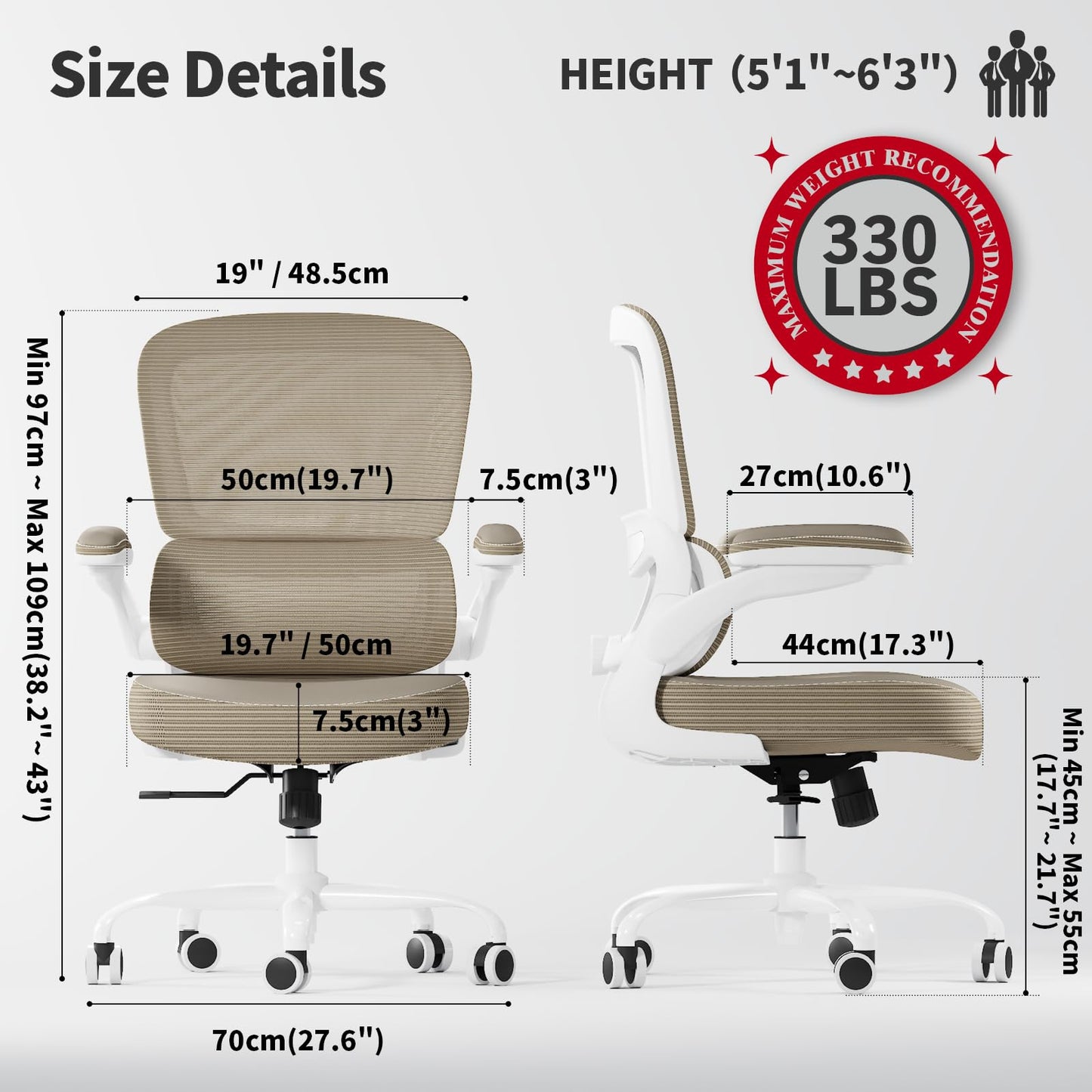 TRALT Ergonomic Office Chair - Desk Chair with Adjustable Lumbar Support Computer Chair - Mesh Comfy Chair with Flip-up Armrests - Gaming Chairs for Adults Home Office (Leather, White)
