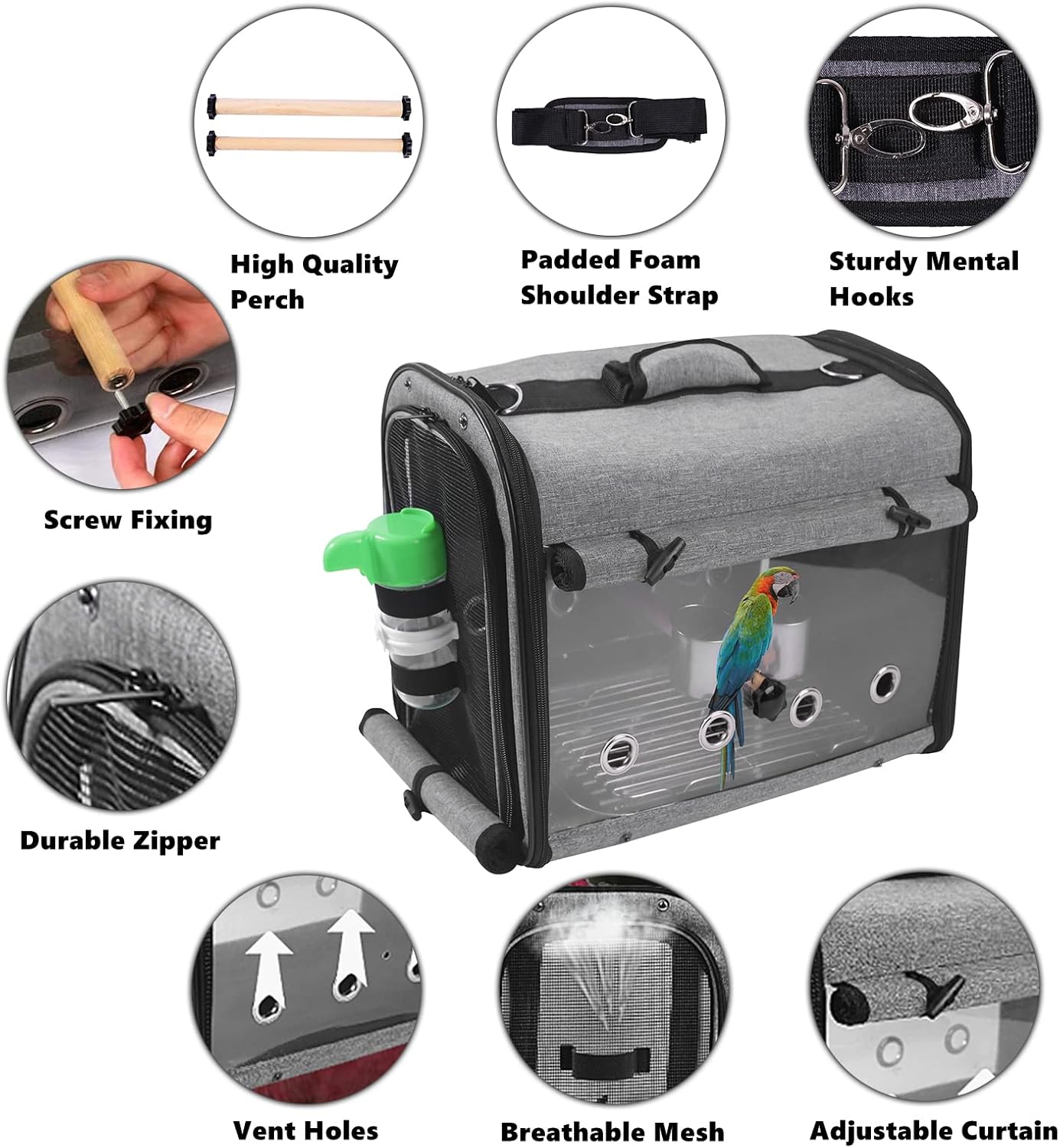 Bird Carrier Bag with Stand, Lightweight Backpack for Parrot, Portable Cockatiel Travel Cage with Accessories, Pet Transparent Breathable Carrier, Gray