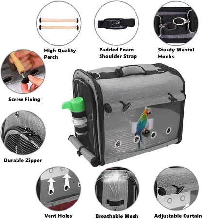 Bird Carrier Bag with Stand, Lightweight Backpack for Parrot, Portable Cockatiel Travel Cage with Accessories, Pet Transparent Breathable Carrier, Gray