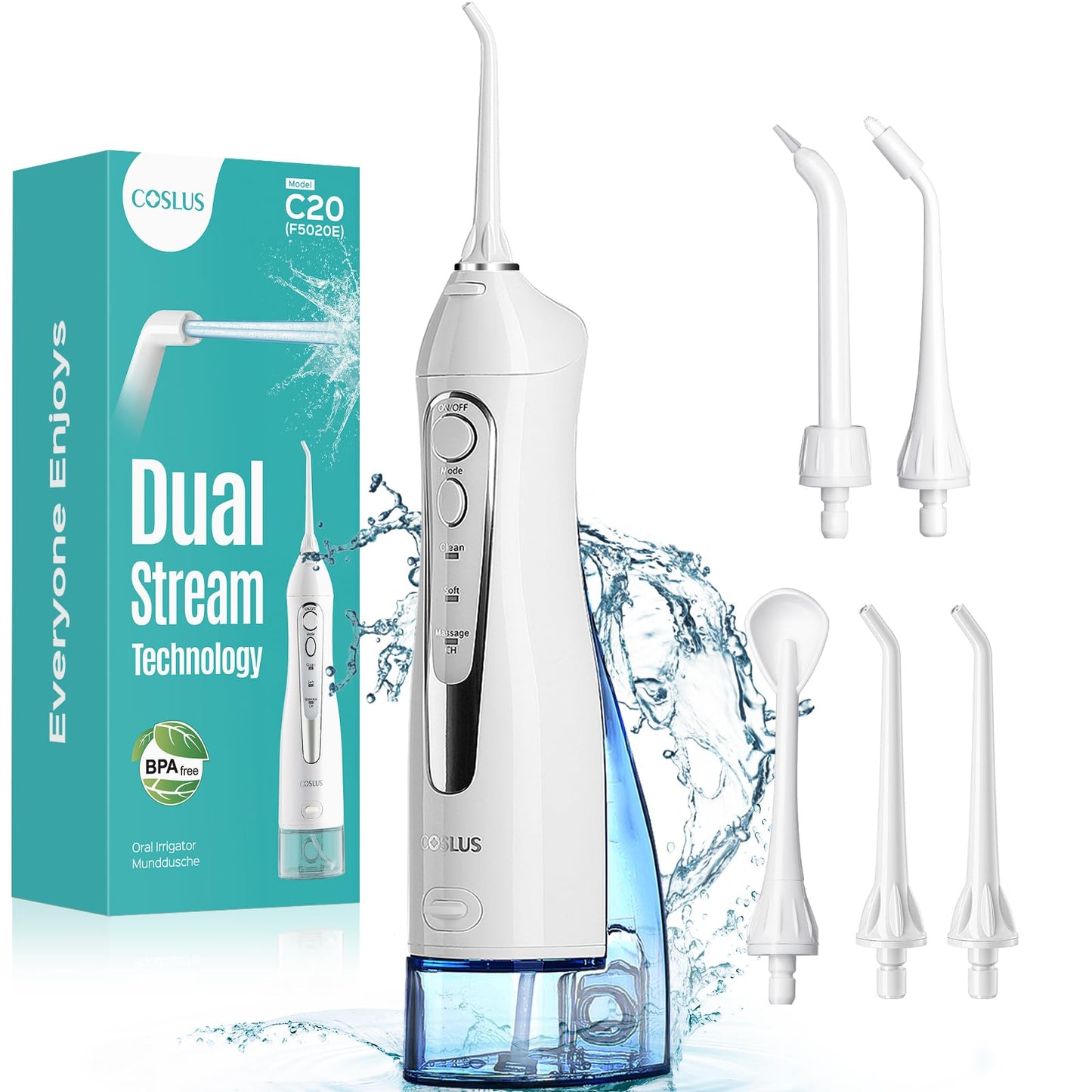 COSLUS ADA Accepted Water Dental Flosser Teeth Pick C20: Portable Cordless Oral Irrigator 300ML Rechargeable Travel Irrigation Cleaner IPX7 Waterproof Electric Flossing Machine, Professional Set Black