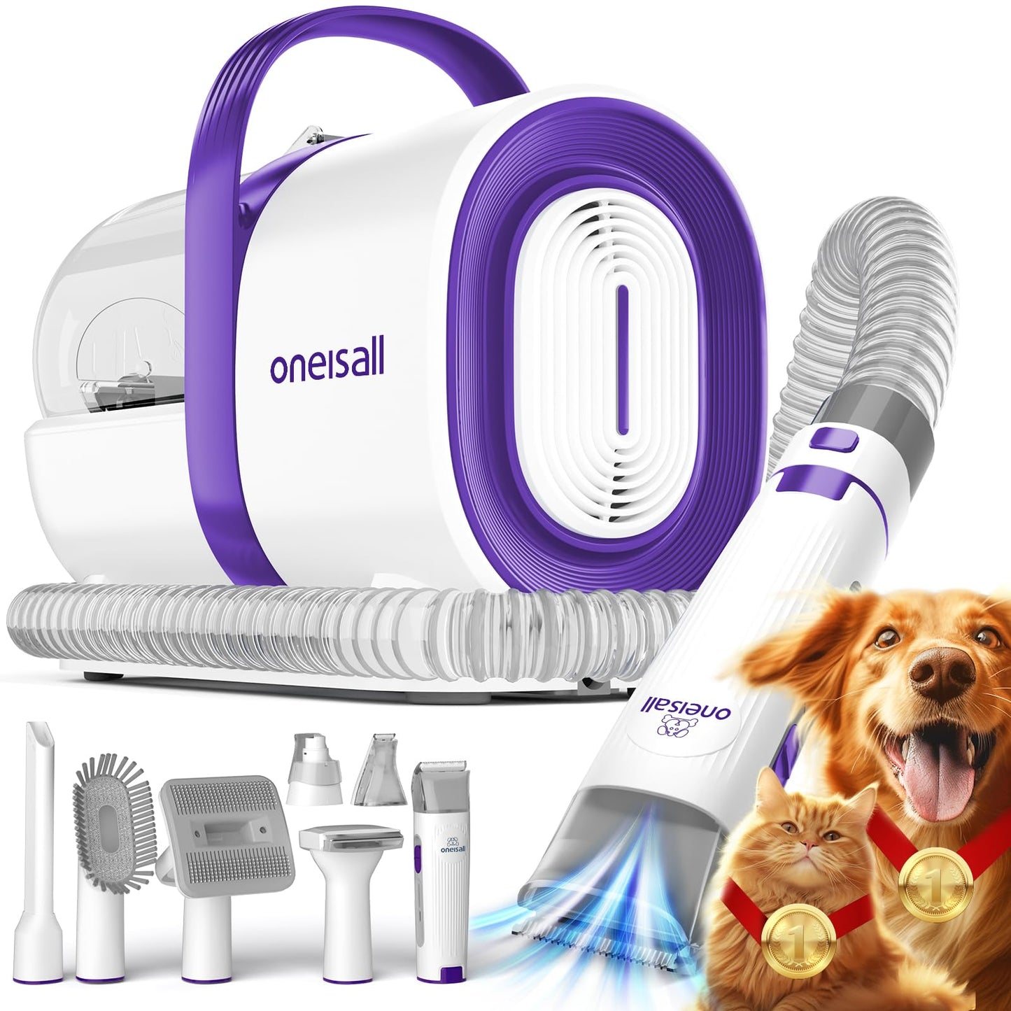 oneisall Dog Grooming Vacuum, Pet Grooming Vacuum with Clipper Nail Grinder, 1.5L Dust Cup Dog deshedding Brush with 7 Tools for Shedding Pet Hair, Home Cleaning(Blue)