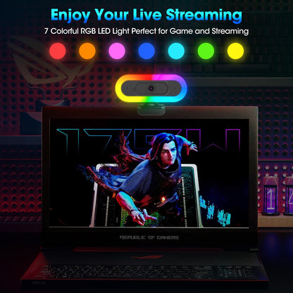 ToLuLu Streaming Webcam 2K 50FPS Web Cam, LED RGB Webcam with Microphone and Light, Autofocus Computer Camera with Cover and Tripod, Plug-Play USB Web cam for PC Desktop/MacBook Gaming Video Calling