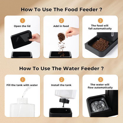 ZOMISIA Automatic Cat Feeder and Water Dispenser Set, 2 in 1 Gravity Cat Food Dispenser with 180 Degree Rotatable, Pet Self Feeding Large Capacity for Small Dogs Puppy Kitten, Black, 0.8 Gallon x 2